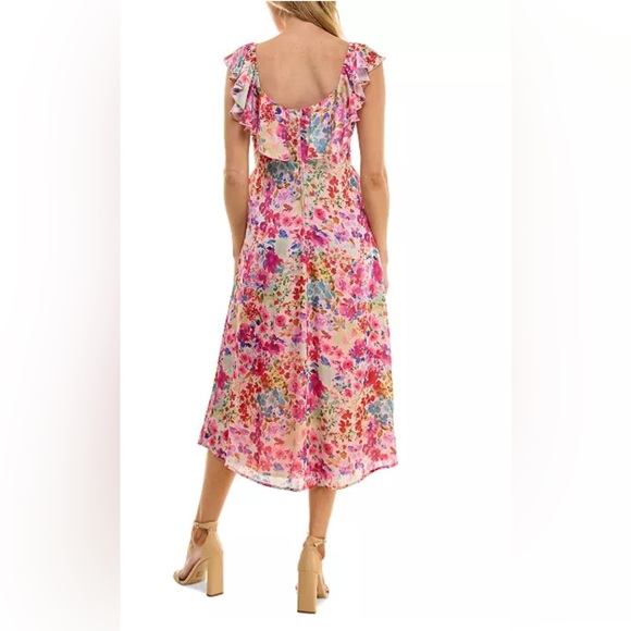 Crystal Doll Pink Floral Print Ruffle-Trim Midi Dress Size XS - Picture 3 of 13
